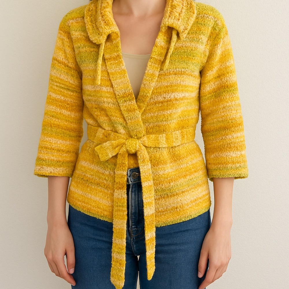 Vintage Hand Knit Yellow Belted Cardigan Sweater Jacket